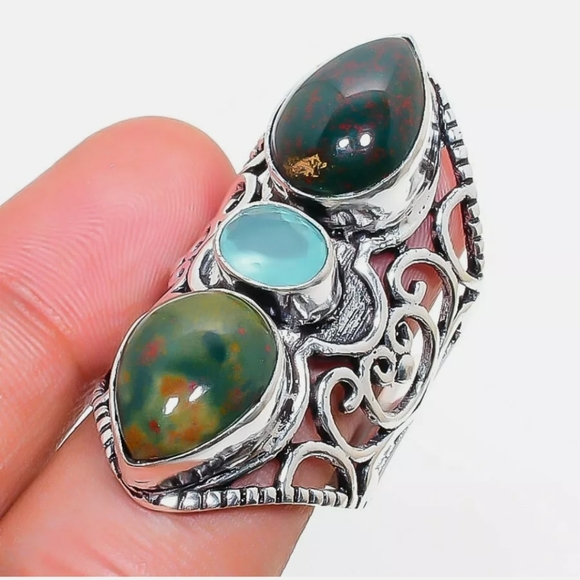 New Bloodstone & Chalcedony 925 Silver Statement Ring. - Picture 14 of 14